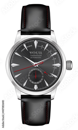 Realistic watch clock silver black leather strap red arrow on white design classic luxury vector illustration.