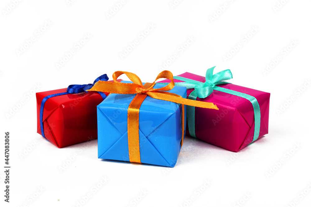 Fototapeta premium three new year christmas gift boxes isolated on white background,