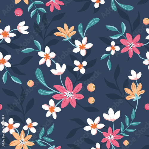 Beautiful pink  orange and white flowers and leaf branches on a dark blue background. Seamless repeated surface vector pattern design.