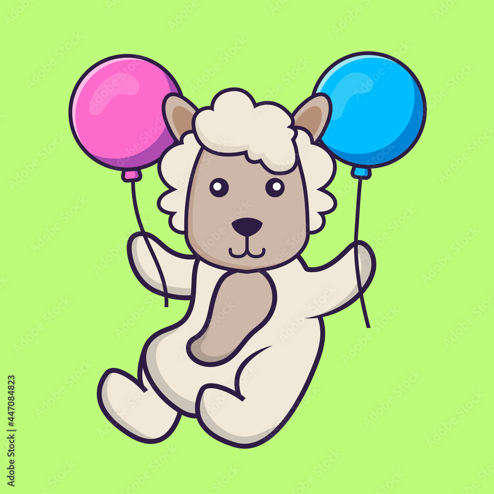 Cute sheep flying with two balloons. Cute sheep flying with two balloons.