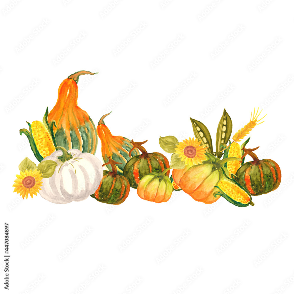 Watercolor frames, Pumpkin, yellow leaves.autumn wreath, gold, orange leaves. Postcard design. wedding design, autumn drawing handmade.
