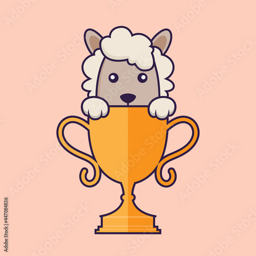 Cute sheep with gold trophy.