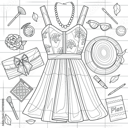 Dress, jewelry and cosmetics. Layout.Coloring book antistress for children and adults. Illustration isolated on white background.Zen-tangle style. Hand draw