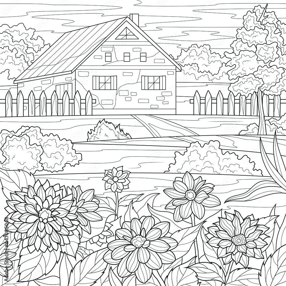 House with flowers.Coloring book antistress for children and adults. Illustration isolated on white background.Zen-tangle style. Hand draw