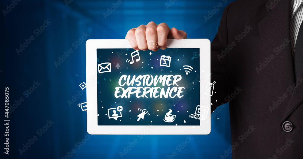 Person holding tablet, social network concept Person holding tablet, social network concept
