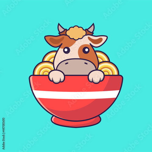 Cute cow eating ramen noodles.