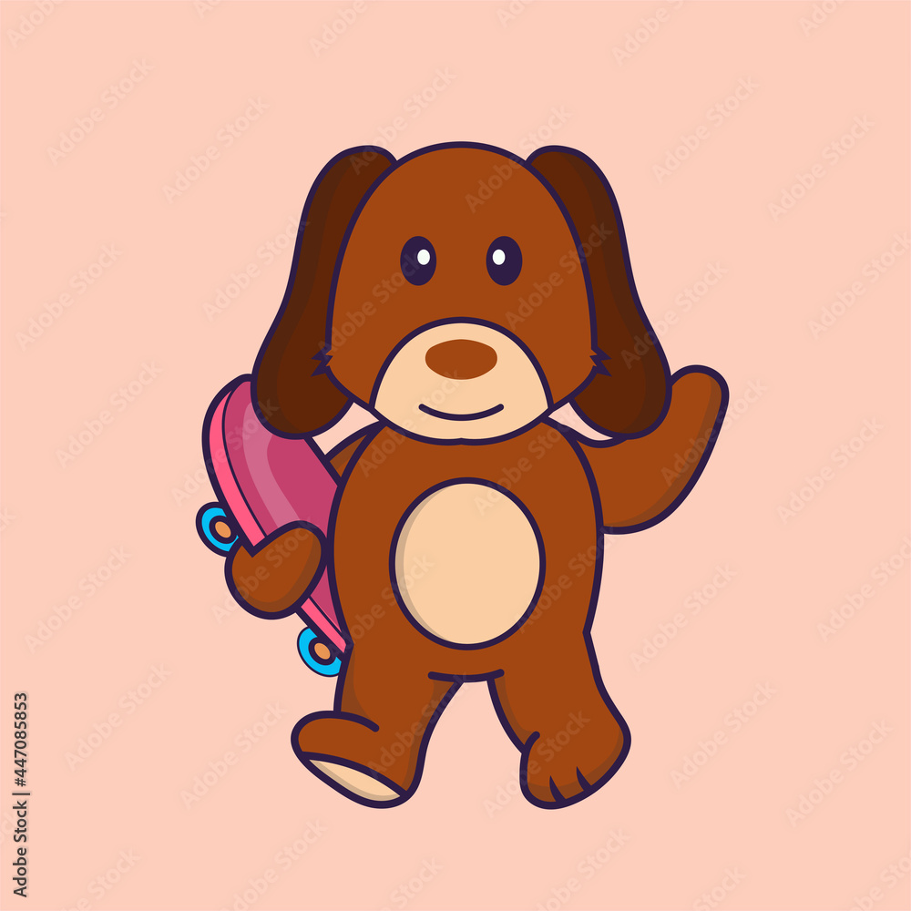 Obraz premium Cute dog holding a skateboard.