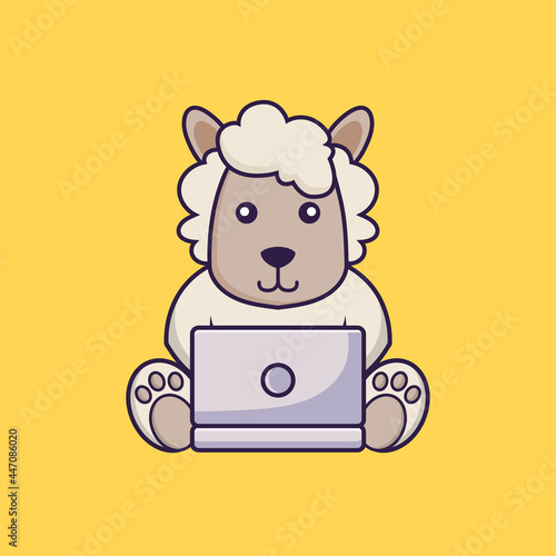 Cute sheep using laptop.