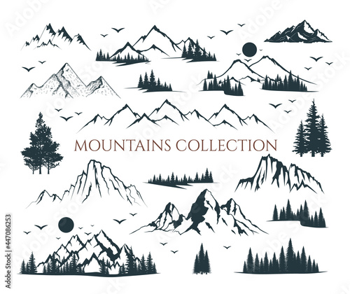Mountain shapes and fir forest trees collection. Vector isolated illustration with rocky mountains, trees silhouettes. Landscapes and scenery.