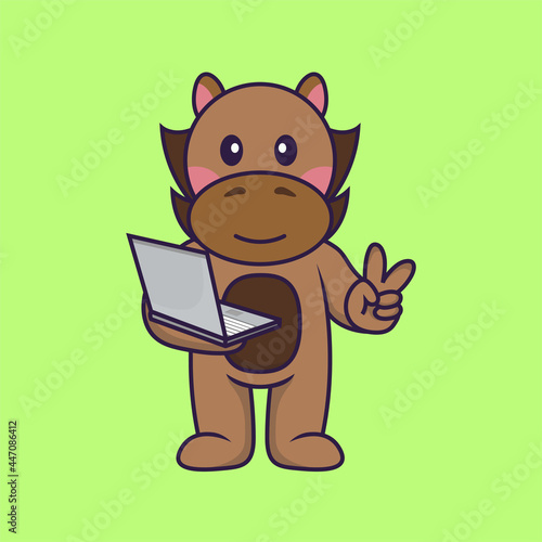 Cute horse holding laptop.