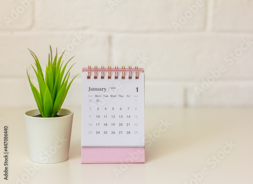 Calendar for January 2022 . Desktop calendar on a light background.Hello, 2022.