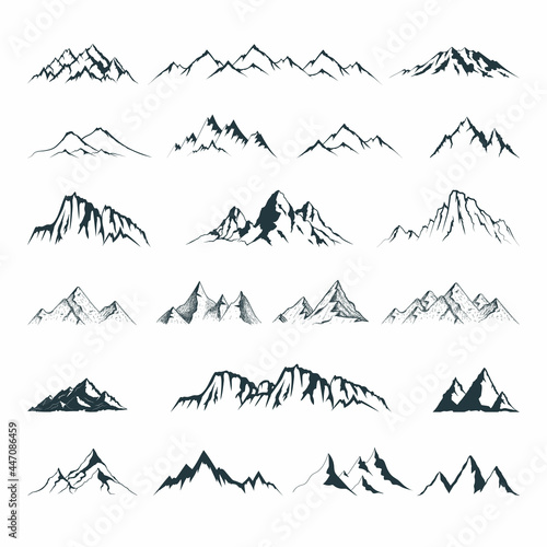Big mountain shape set. Vector isolated illustration with rocky mountains silhouettes.