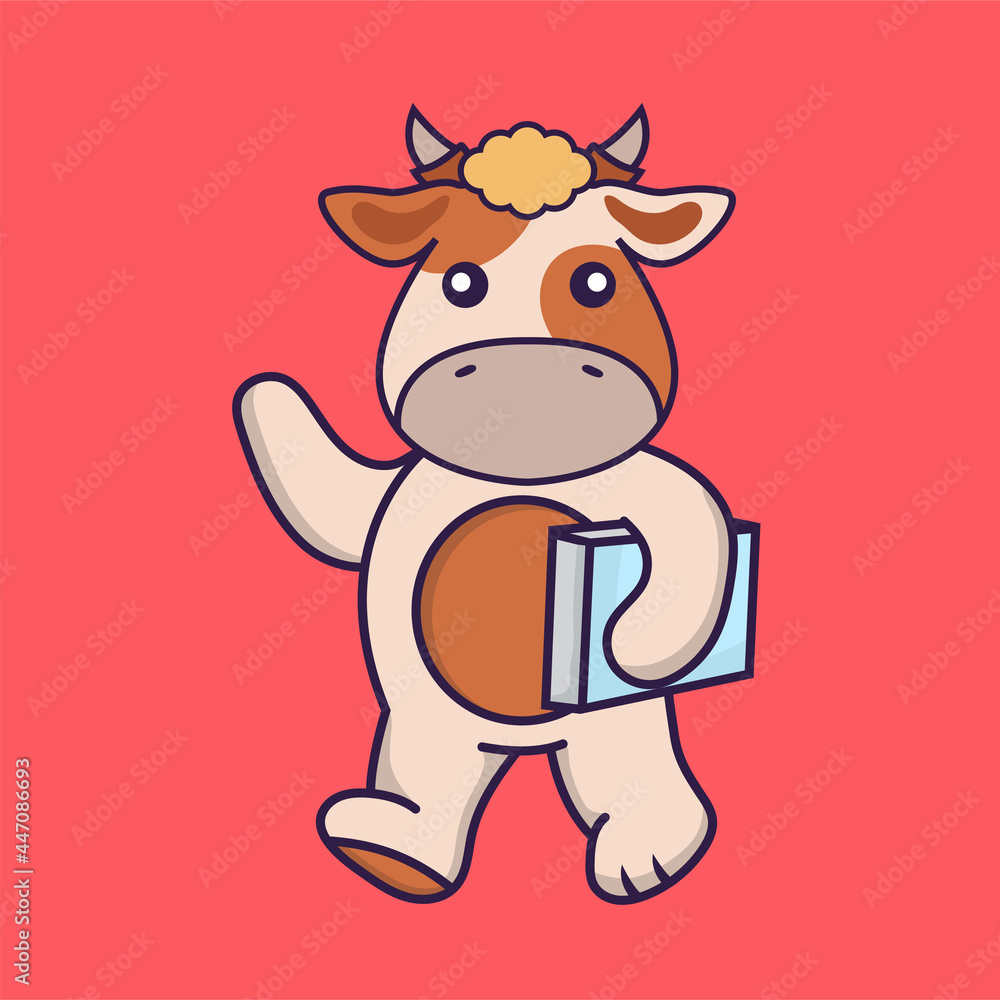 Cute cow holding a book.