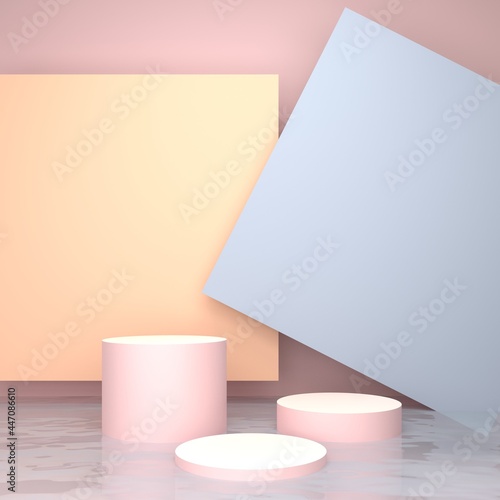 3D illustration. Three stands with different heights. Water surface. A pastel-colored square plate.