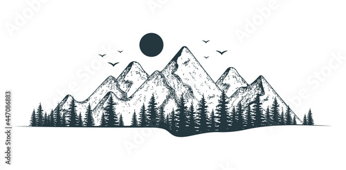 Vector isolated illustration with vintage rocky mountain silhouette at sunset with forest trees. Landscape and scenery background.