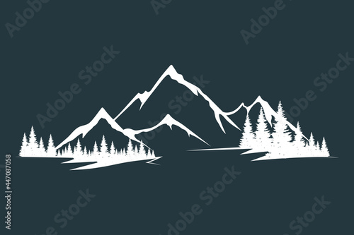 Vector isolated illustration with rocky mountain peak silhouette with fir trees and tree valley. Landscape and scenery.