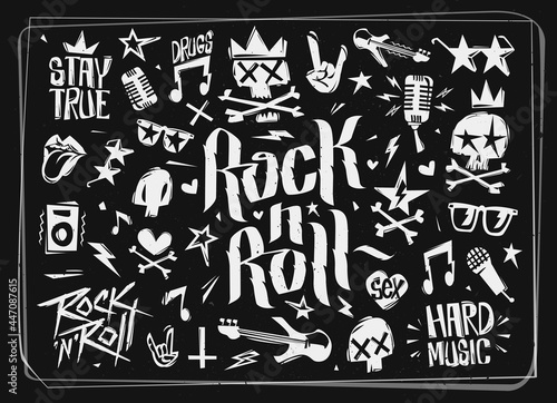Rock n Roll grunge icons and elements collection. Doodle style Hard Rock icons and symbols isolated from black background. Rock n Roll music elements set for tee print stamp, party poster, card