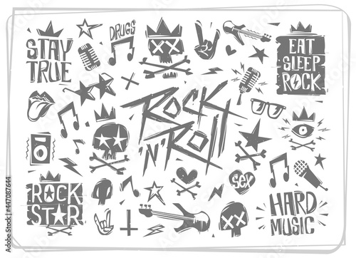 Rock n Roll grunge pattern icons elements and symbols vector collection. Doodle style Rock music elements on white background. Rock and Punk elements set for tee print stamp, decoration, party poster