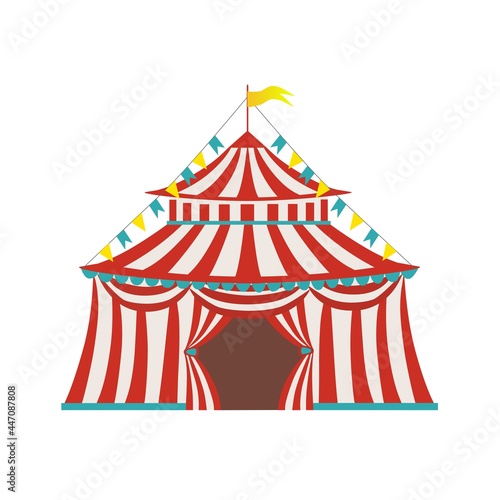 Circus red - white striped tent with a flag on the tops of the dome for carnival or entertainment design.