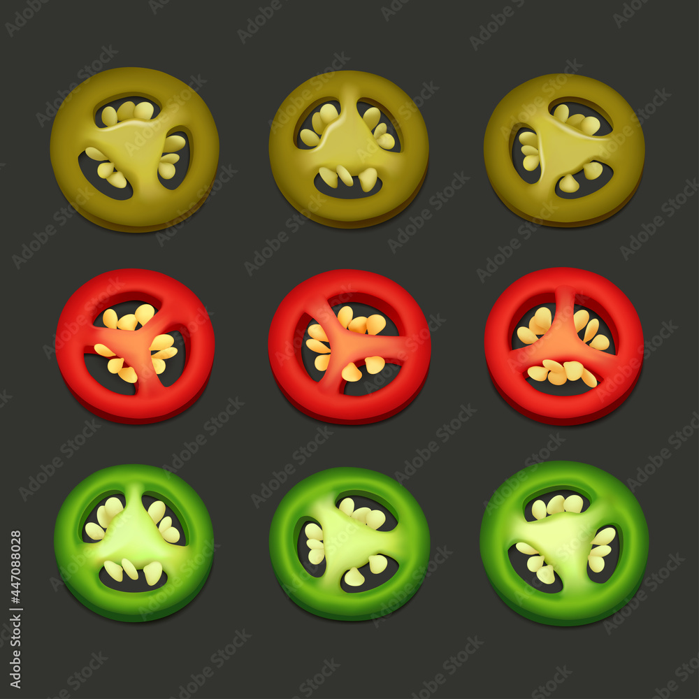 Top view of red, green and pickled jalapeño chili pepper slices isolated on dark grey background. Realistic vector illustration. Top view of red, green and pickled jalapeño chili pepper slices isolated on dark grey background. Realistic vector illustration.