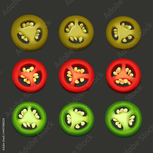 Top view of red, green and pickled jalapeño chili pepper slices isolated on dark grey background. Realistic vector illustration.