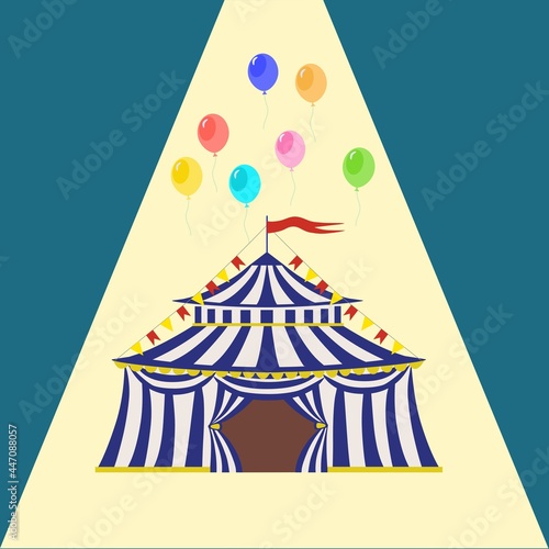 Circus blue - white, striped tent with a flag on the tops of the dome for carnival or entertainment design.