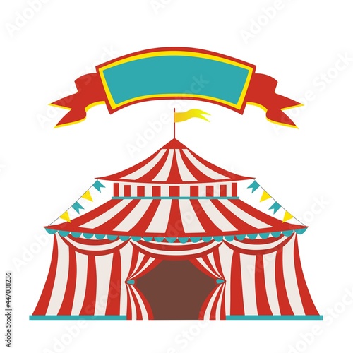 Circus red - white striped tent with banner for text, vector illustration.