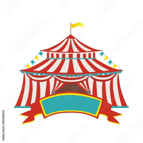 Circus red - white striped tent with a flag on the tops of the dome for carnival or entertainment design.