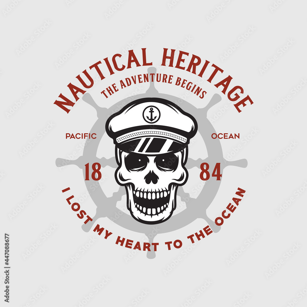 Nautical t shirt print with steering wheel skull and inscriptions. Vintage tee print design. Nautical t shirt print with steering wheel skull and inscriptions. Vintage tee print design.