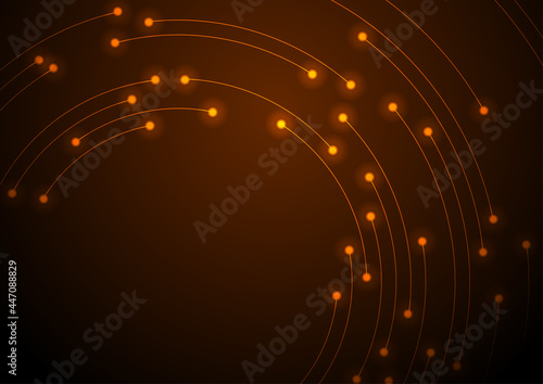 Glowing orange neon abstract futuristic hi-tech background. Blurred connection round lines dark vector design