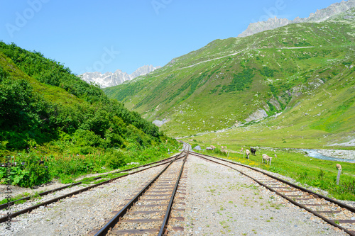 Railroad tracks at a fork. Fourka 2163 m. Switzerland. Alps.