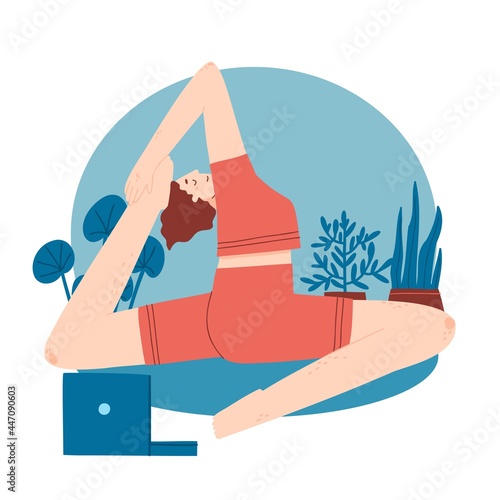 Young woman doing yoga exercises with video course at home. Cozy room interior background with laptop, plants. Flat vector illustration.