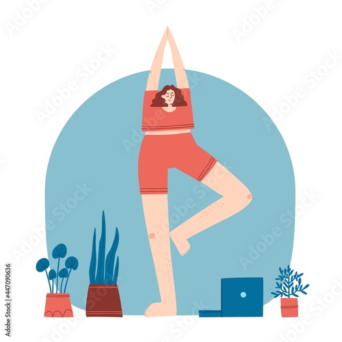 Young woman doing yoga exercises with video course at home. Cozy room interior background with laptop, plants. Flat vector illustration.