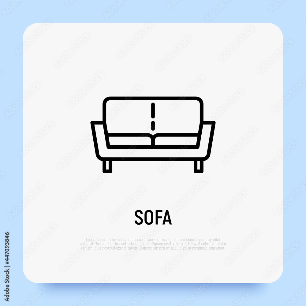 Sofa, cozy coach thin line icon. Living room decoration. Furniture for apartment. Modern vector illustration. Sofa, cozy coach thin line icon. Living room decoration. Furniture for apartment. Modern vector illustration.