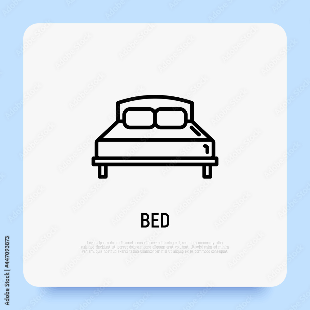 Bed with pillows thin line icon. Bedroom interior. Modern vector illustration of furniture.