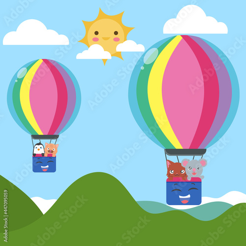 Cute animal cartoon vector in hot air balloon