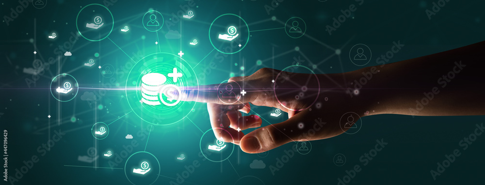 Businessman hand pressing stock graphic information on multitouch screen Businessman hand pressing stock graphic information on multitouch screen