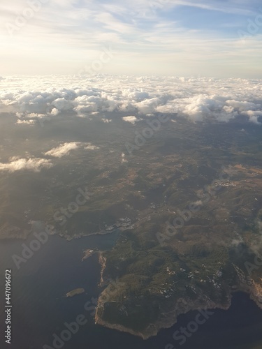 Sky view of Ibiza island, aerial view of Ibiza with clouds