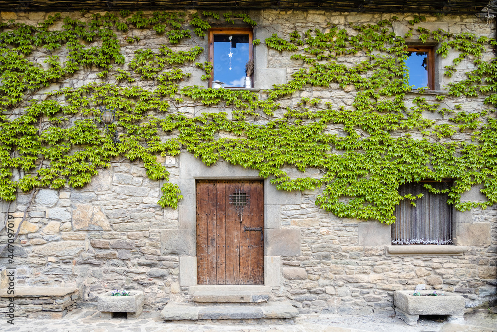 Wooden door in old medieval stone house, green ivy on the house over the door, Rupit, Spain. Magic house from wonderland Wooden door in old medieval stone house, green ivy on the house over the door, Rupit, Spain. Magic house from wonderland