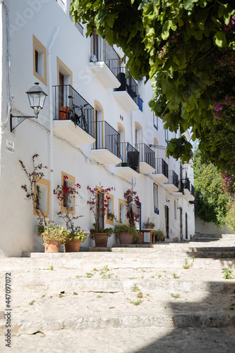 Street in old down of Ibiza with blossoming flowers, pink bougainvillea
