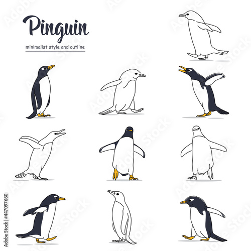 illustration of penguin bird with various movements with minimalist style and outlines. vector