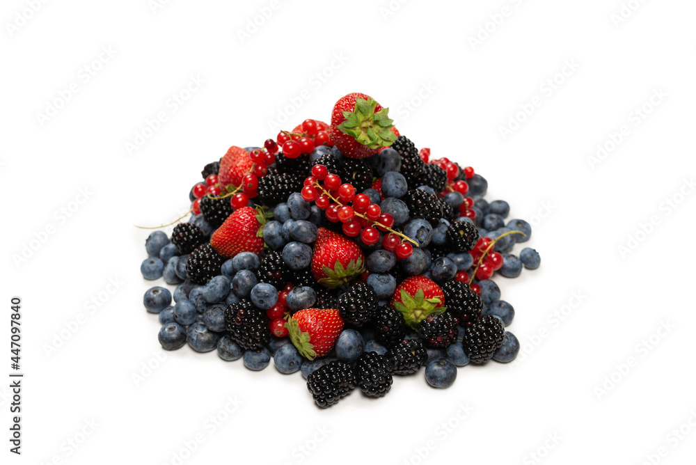 Blackberry, raspberry, blueberry, red currant and mint background. Blackberry, raspberry, blueberry, red currant and mint background.