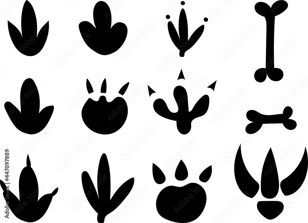 Dinosaur foot prints of predators set for childish books. Paws and claws of an ancient creature. Dinosaur foot prints of predators set for childish books. Paws and claws of an ancient creature.