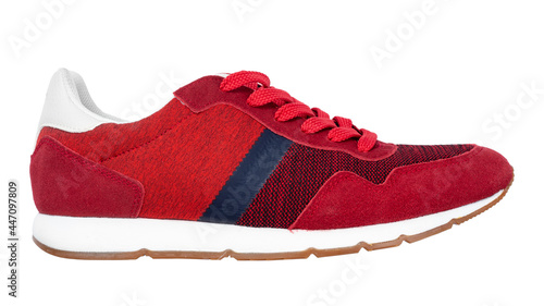 Men's new red sneakers, isolated on white background, full depth of field. Sport shoes. Fashion footwear for running.