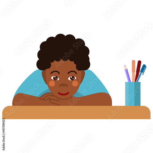 An African-American boy is bored in class. The student is sitting at his desk, his face propped up in his hands.  A tired student. Back to school.  Vector illustration in a flat cartoon style.