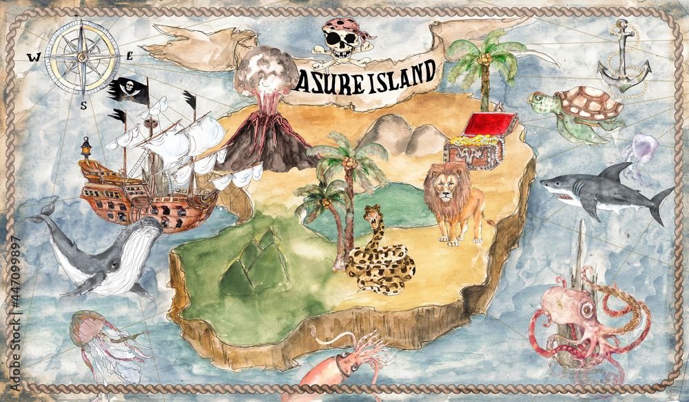 Colorful vintage style watercolor pirate treasure island map Stock ...