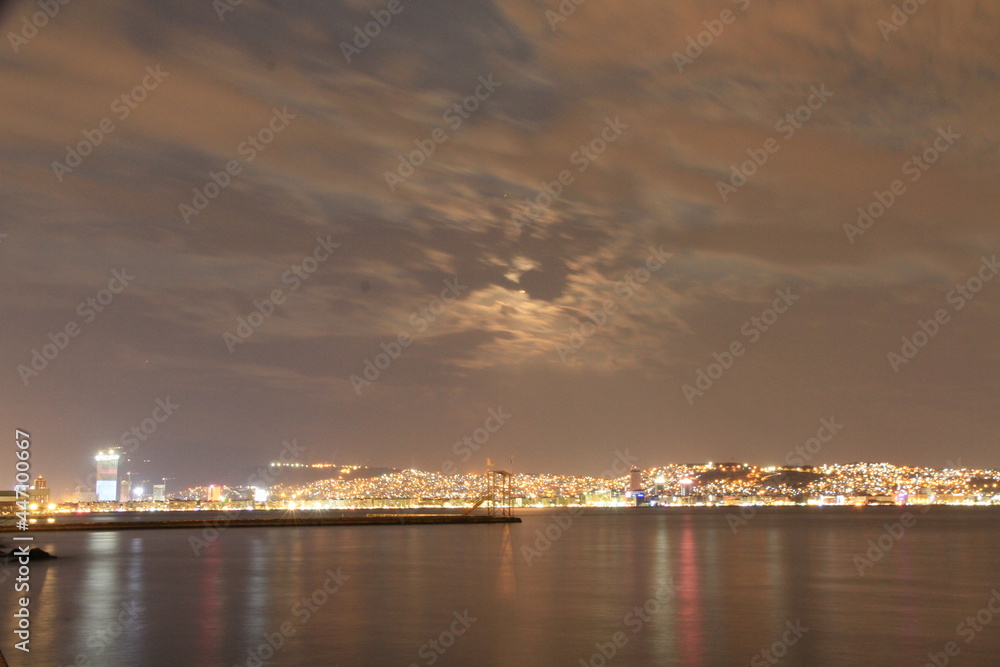night sky , city , sea and full moon