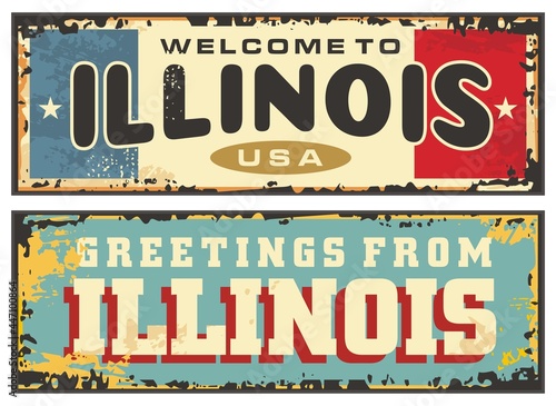 Vintage vector tin sign Illinois United States. USA state Illinois retro postcard layout. Welcome to Illinois road sign graphic design.