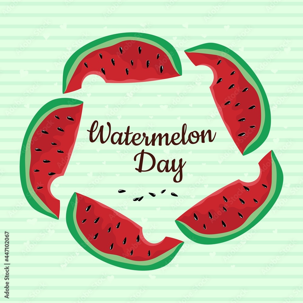 National Watermelon Day. Concept of a national holiday. Slices of watermelon. Texture of the watermelons with seeds. Suitable for Greeting card, poster and banner. Vector illustration. National Watermelon Day. Concept of a national holiday. Slices of watermelon. Texture of the watermelons with seeds. Suitable for Greeting card, poster and banner. Vector illustration.