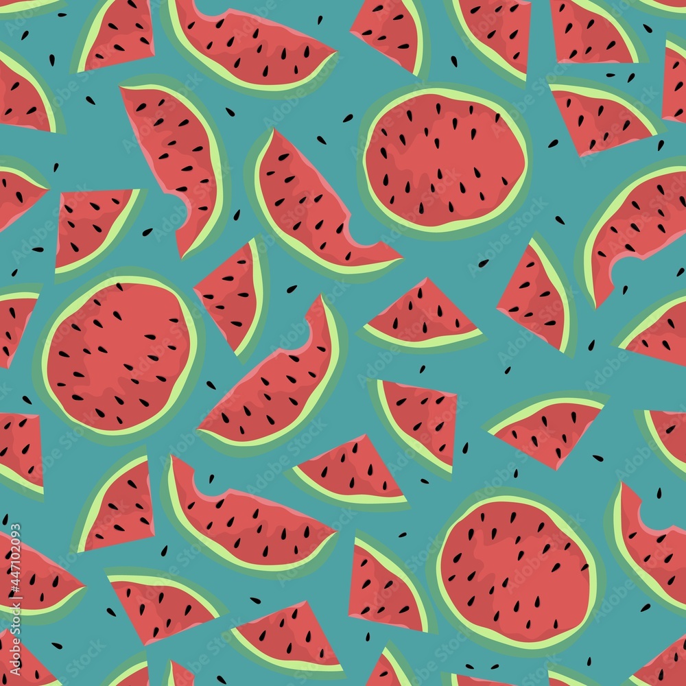 Seamless watermelon pattern. Whole and sliced ripe juicy watermelons on white background. Seamless watermelon pattern. Whole and sliced ripe juicy watermelons on white background.